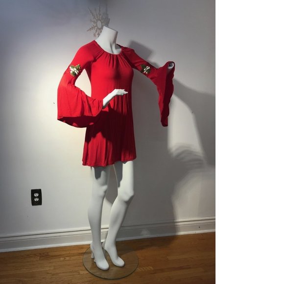 Stunning Bright red A-line flower embroidery cut-out mini summer tunic dress - Picture 5 of 6